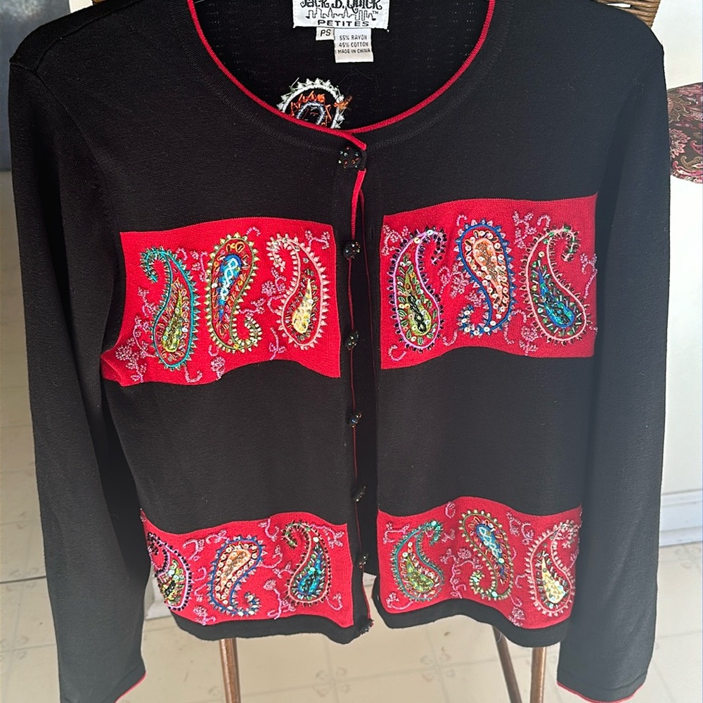 JACK B. QUICK stylish Beaded & Embroidered - Black & Red - women’s CARDIGAN SWEA